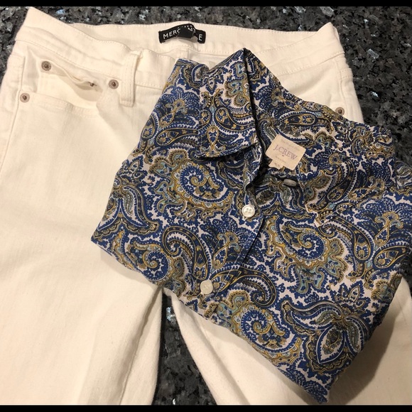 HP🎉J CREW Factory The Perfect Shirt in Blue, Green, Gold & White Paisley Print - Picture 7 of 10
